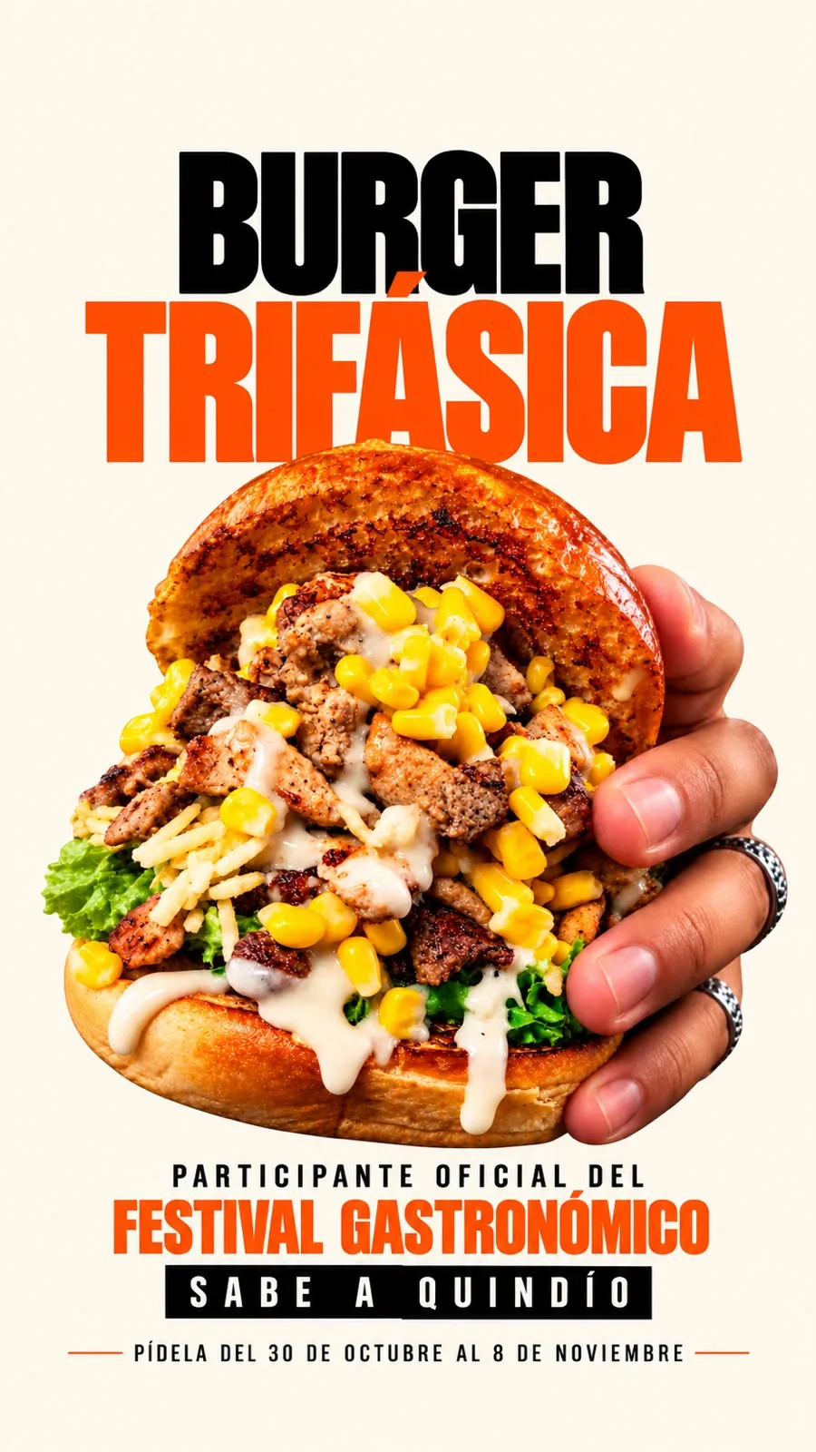 Burger Trifásica. Participante oficial del Festival Gastronómico Sabe a Quindío. Pídela del 30 de octubre al 8 de noviembre